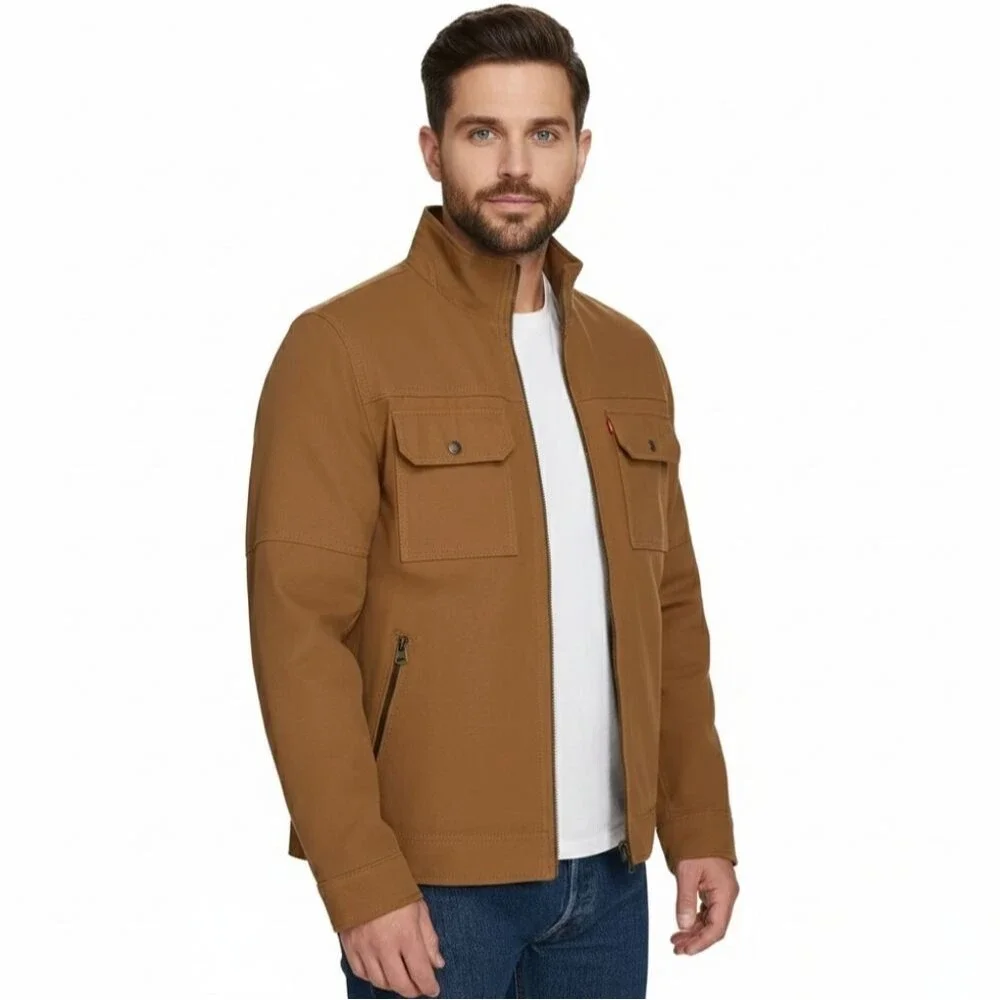Levi's Men's Stand Collar Twill Canvas Quilted Utility Jacket Brown Size M